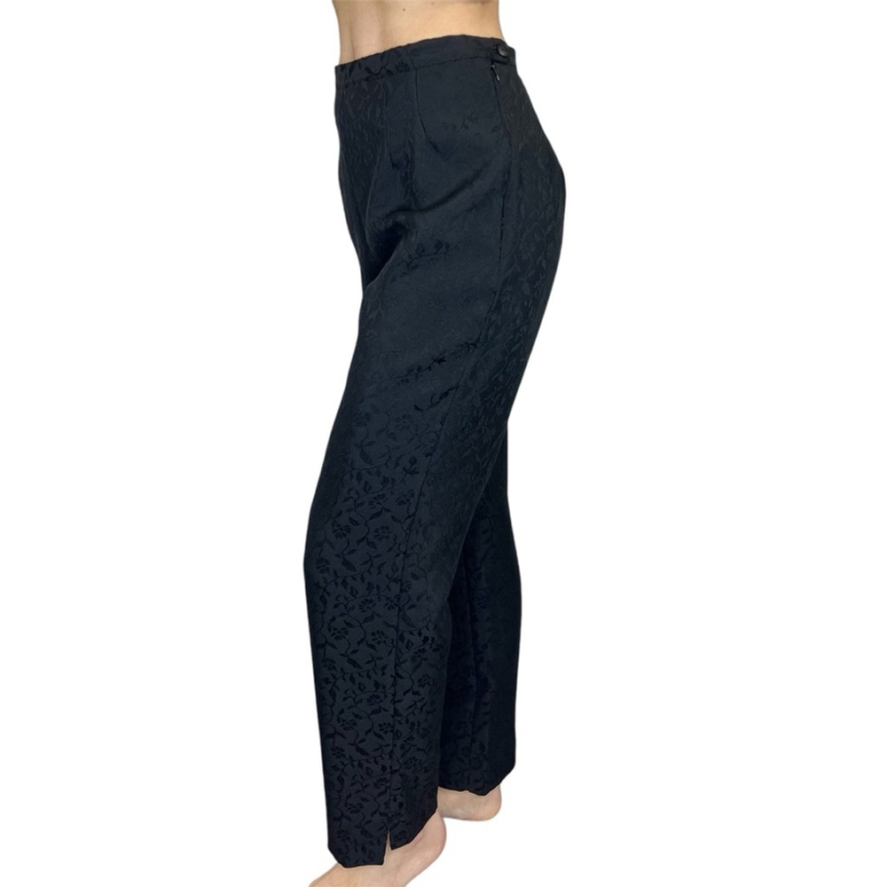 Vintage 80s 90s black floral damask high rise tailored straight leg trousers 6